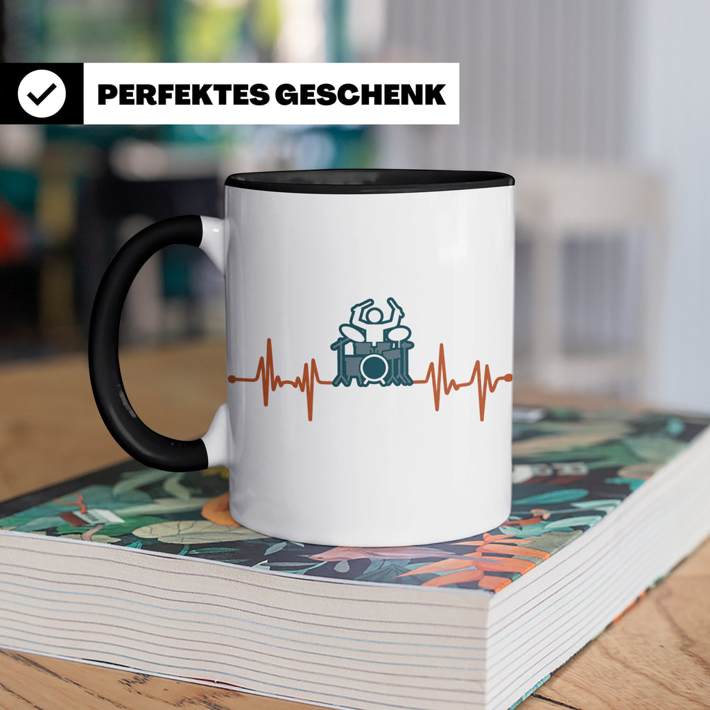Schlagzeuger Tasse mit Herzschlag EKG Motiv | Geschenk für D – Schwarz [farbe:schwarz]