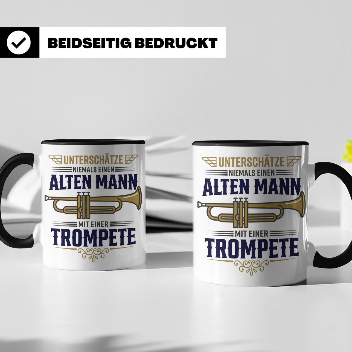 Trompeter Tasse alter Mann mit Trompete, Geschenk für Musike – Schwarz [farbe:schwarz]