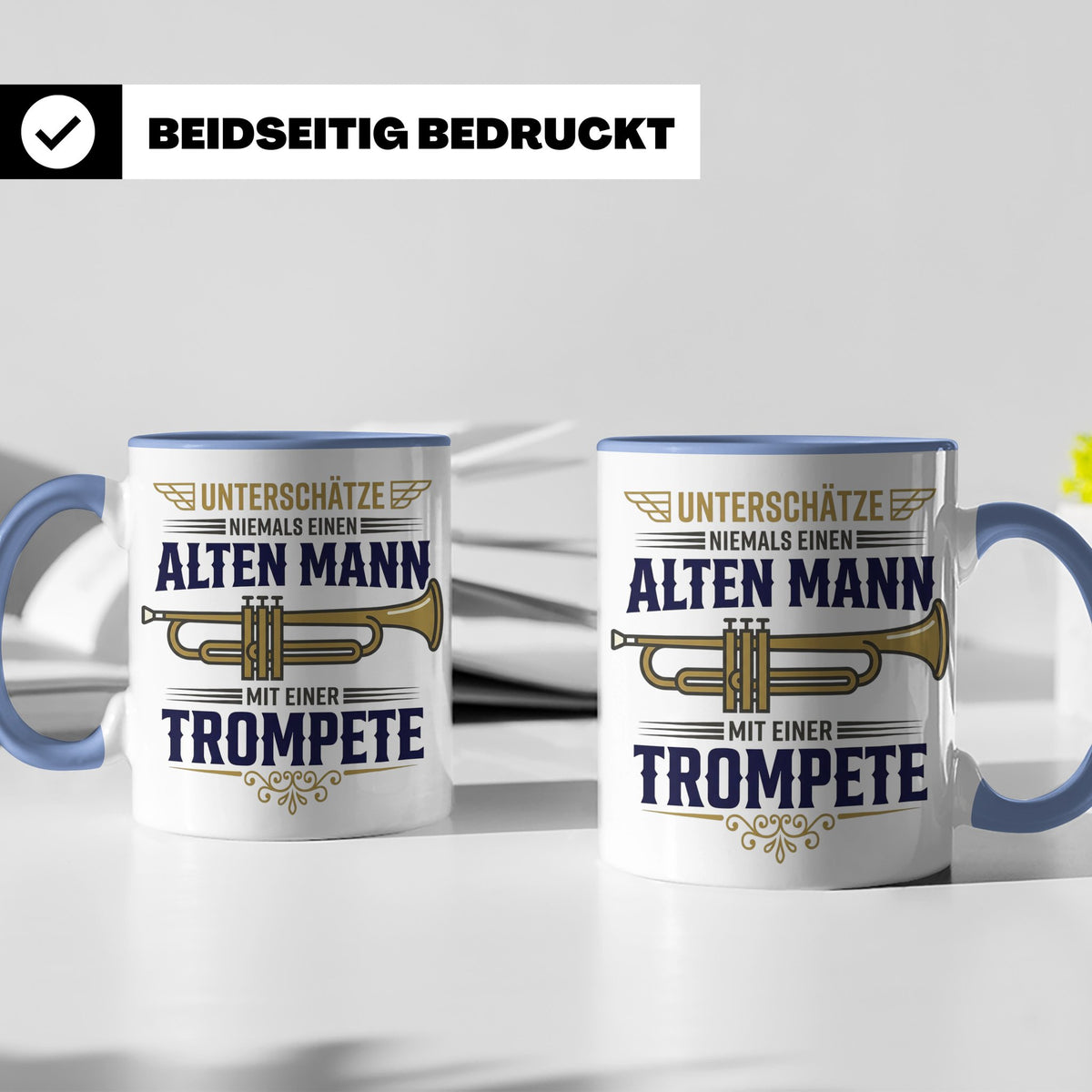 Trompeter Tasse alter Mann mit Trompete, Geschenk für Musike – Blau [farbe:blau]
