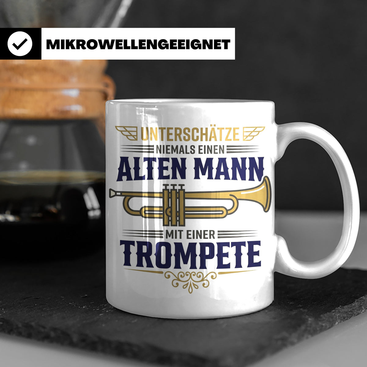 Trompeter Tasse alter Mann mit Trompete, Geschenk für Musike – Weiß [farbe:weiß]