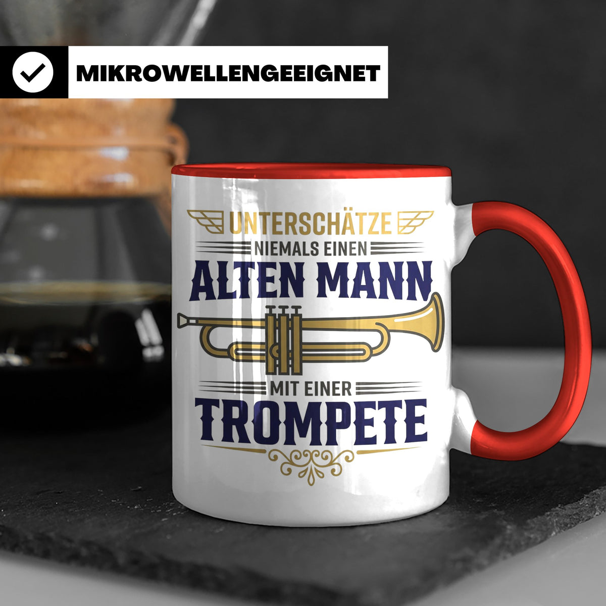 Trompeter Tasse alter Mann mit Trompete, Geschenk für Musike – Rot [farbe:rot]