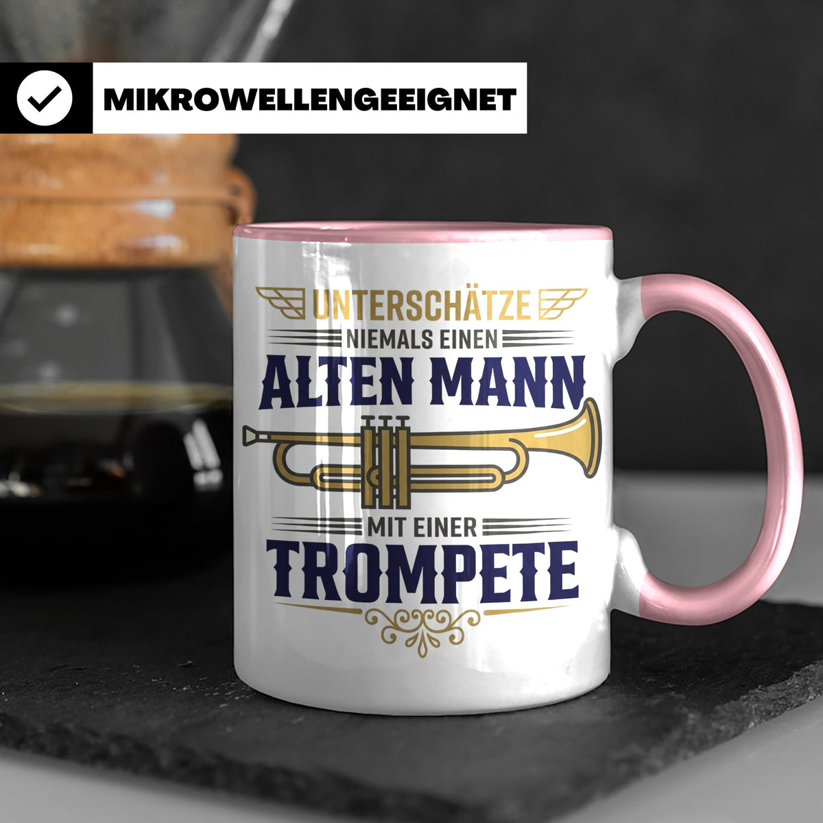Trompeter Tasse alter Mann mit Trompete, Geschenk für Musike – Rosa [farbe:rosa]