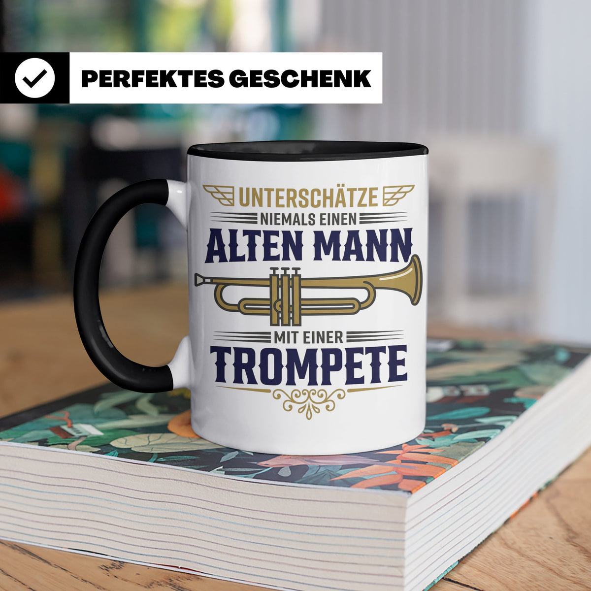 Trompeter Tasse alter Mann mit Trompete, Geschenk für Musike – Schwarz [farbe:schwarz]