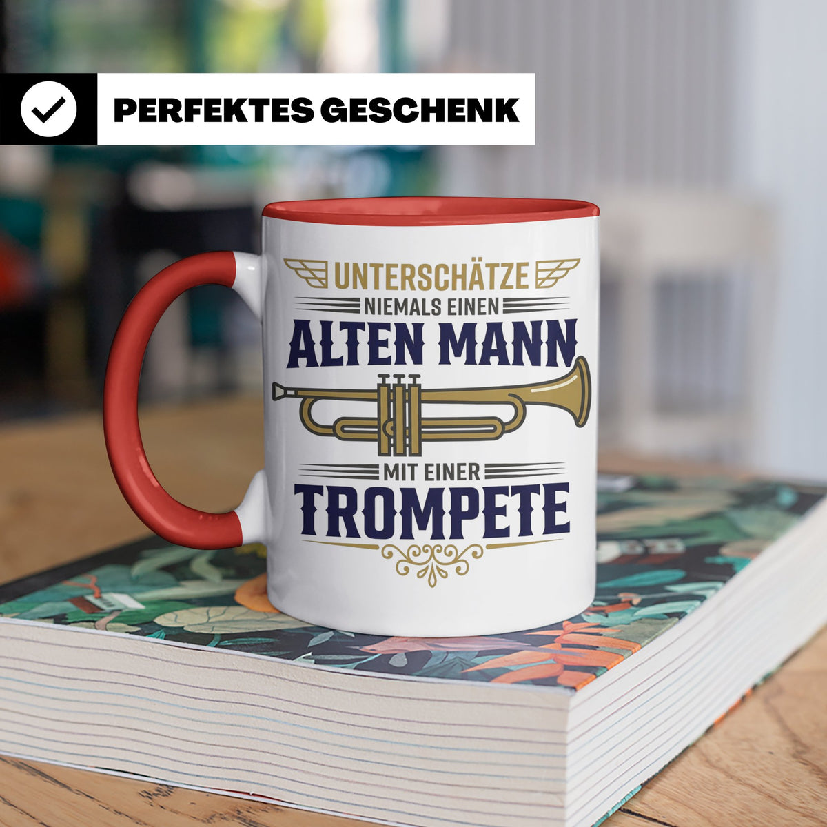 Trompeter Tasse alter Mann mit Trompete, Geschenk für Musike – Rot [farbe:rot]
