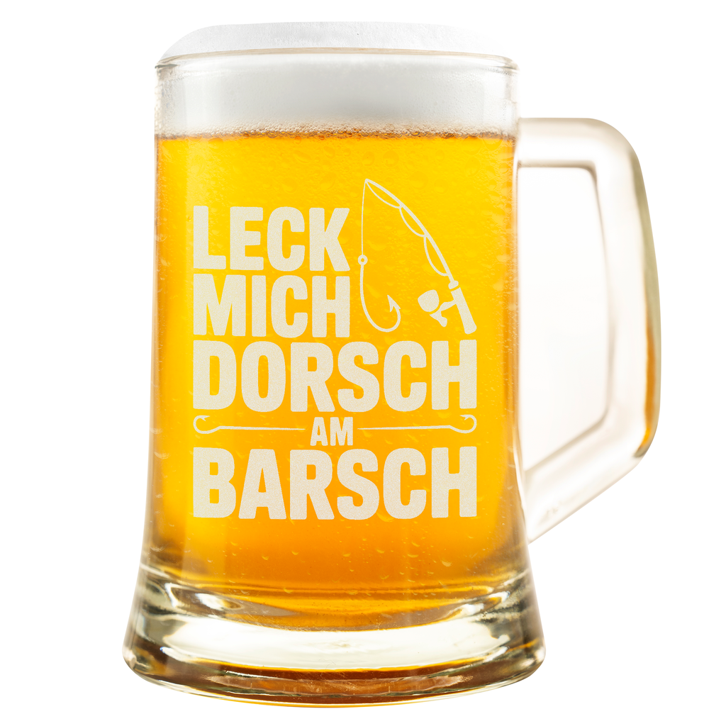 Lustiger Angler Bierkrug mit Spruch – Geschenk für Angler und Fischer – Witziger Angel-Spruch „Leck mich Dorsch am Barsch“ – Bierglas für Männer, Vatertag, Geburtstag