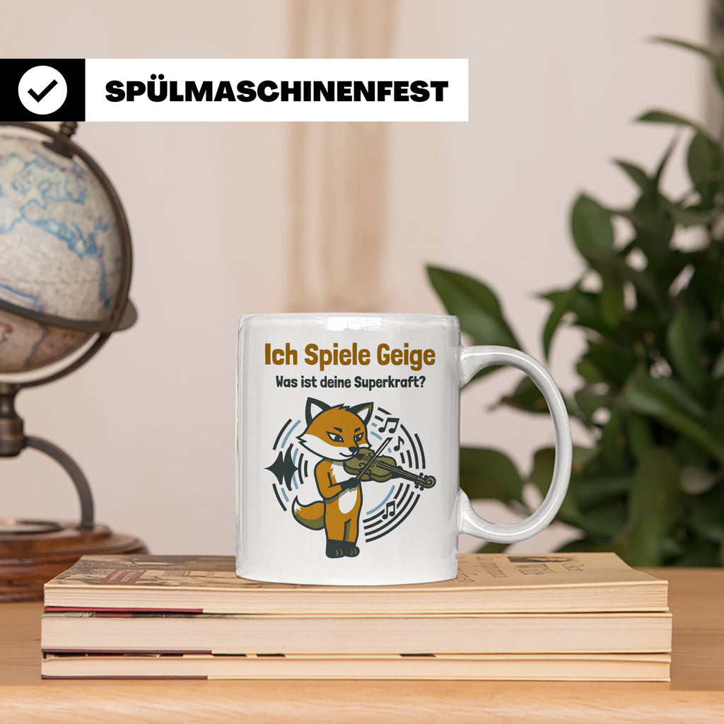 Geiger Tasse Ich spiele Geige Superkraft Fuchs Motiv, lustig – Weiß [farbe:weiß]