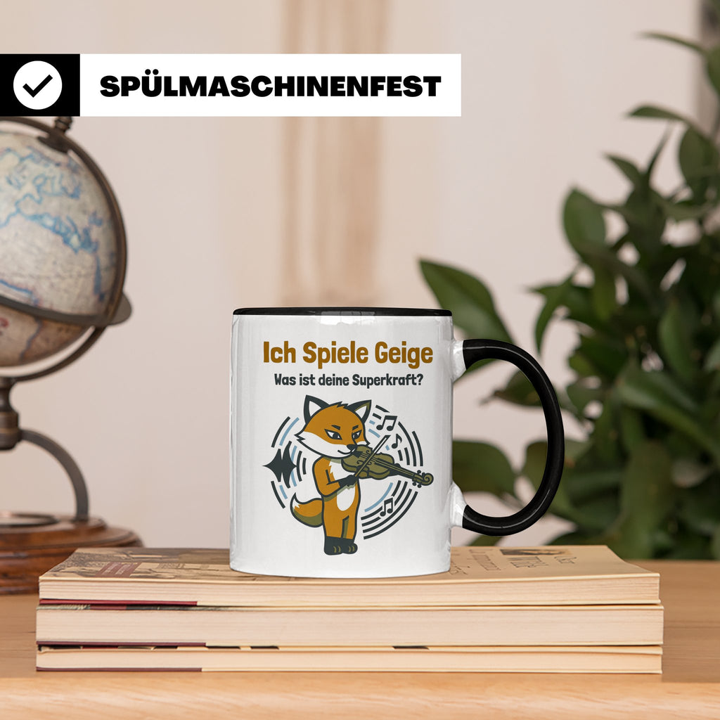 Geiger Tasse Ich spiele Geige Superkraft Fuchs Motiv, lustig – Schwarz [farbe:schwarz]