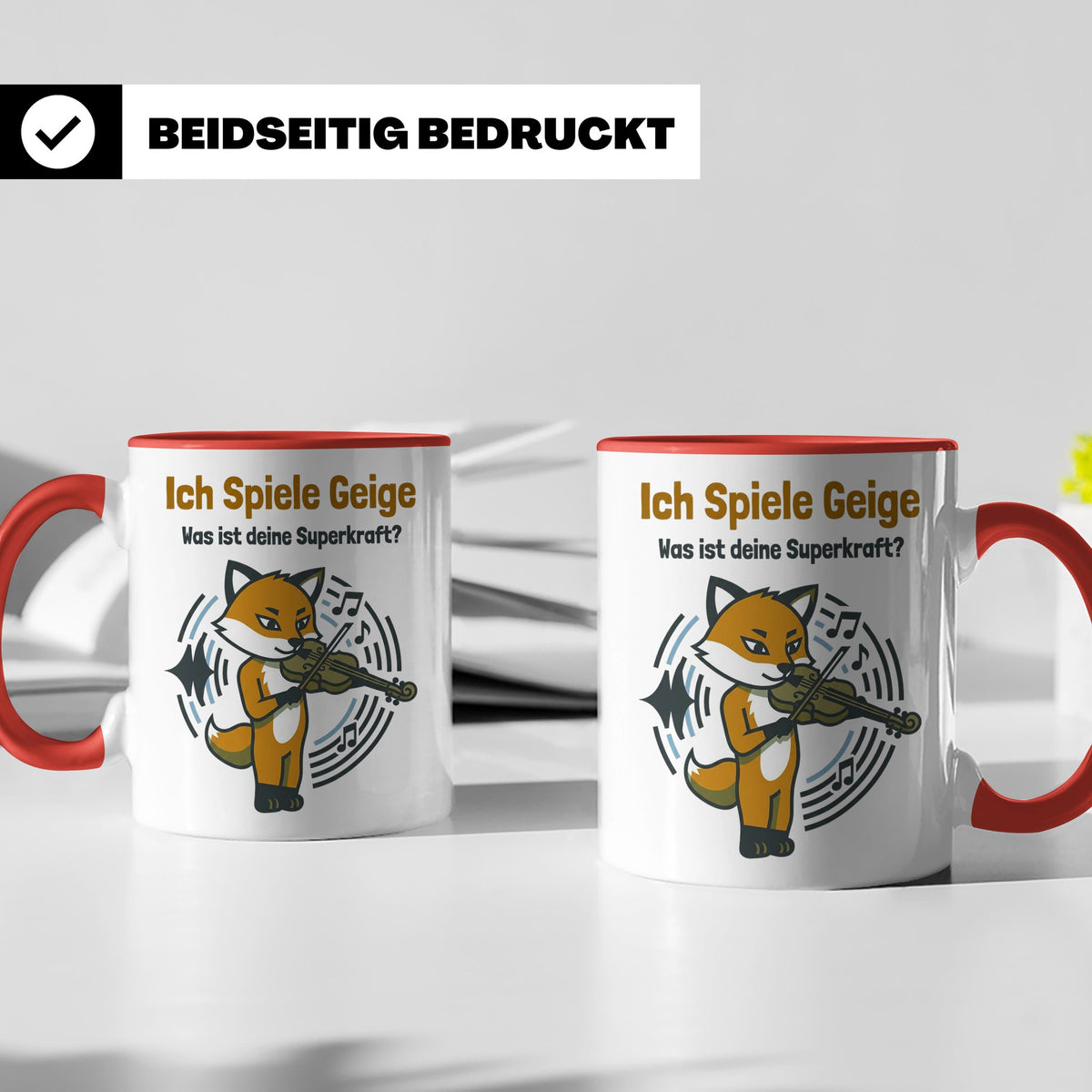 Geiger Tasse Ich spiele Geige Superkraft Fuchs Motiv, lustig – Rot [farbe:rot]