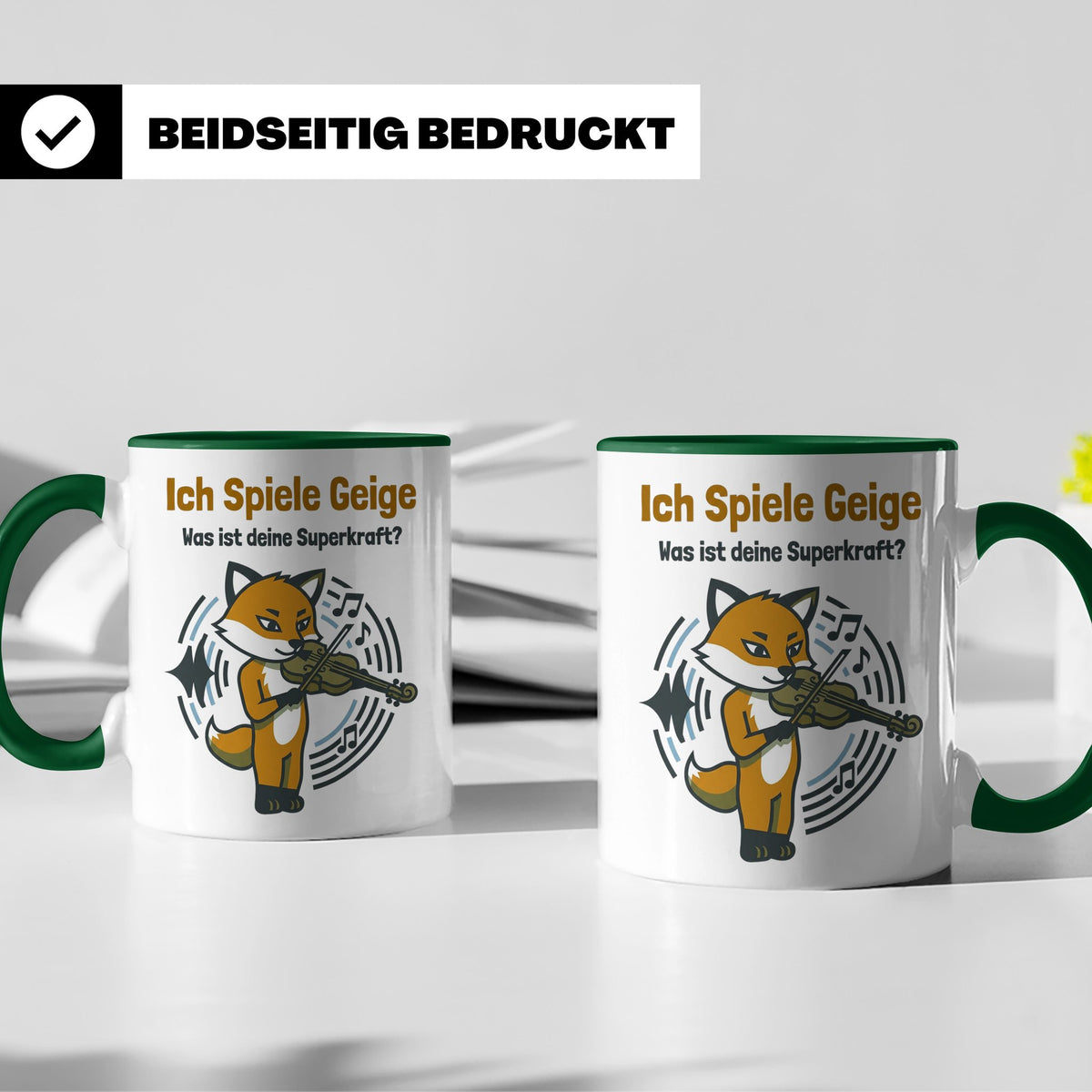 Geiger Tasse Ich spiele Geige Superkraft Fuchs Motiv, lustig – Grün [farbe:grün]