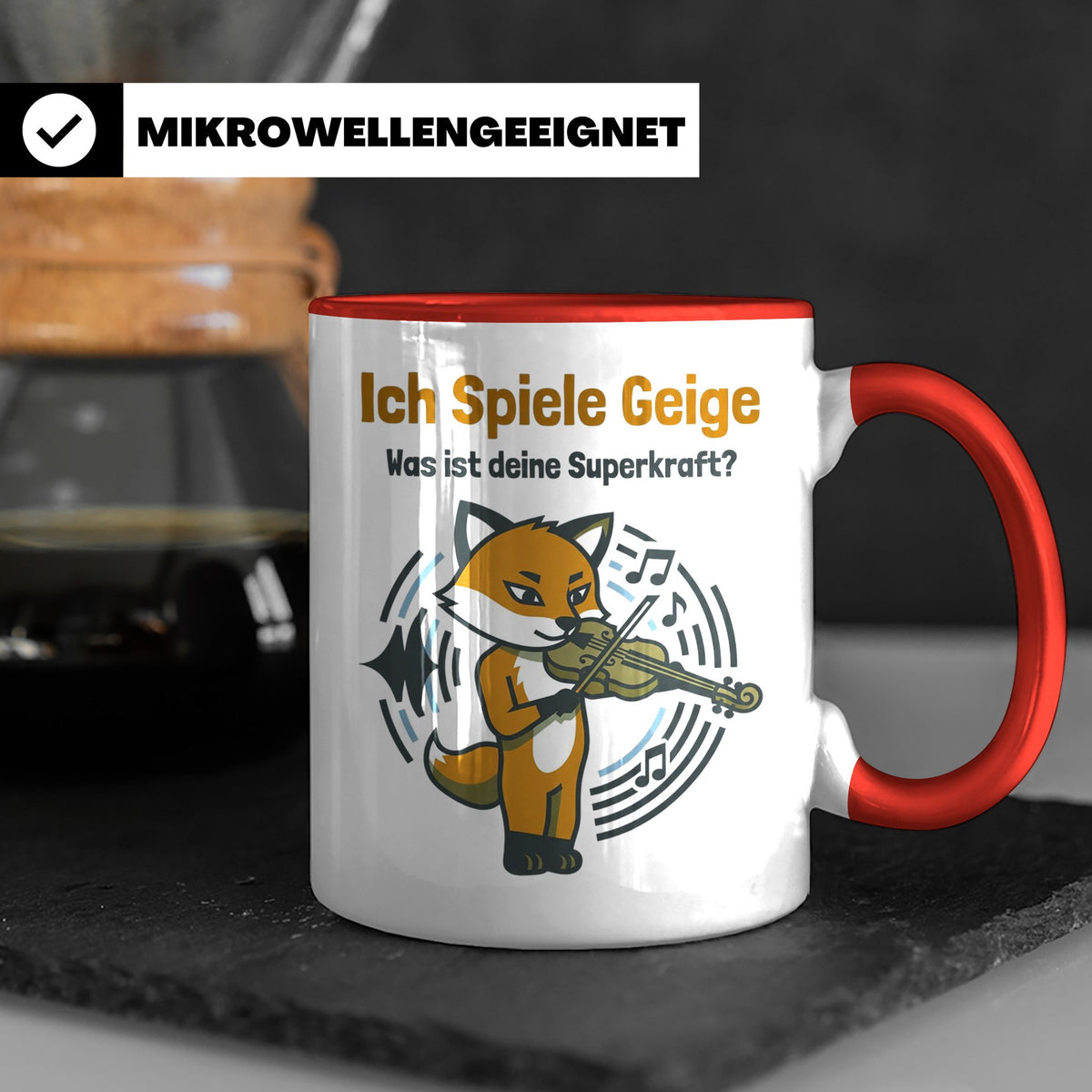 Geiger Tasse Ich spiele Geige Superkraft Fuchs Motiv, lustig – Rot [farbe:rot]