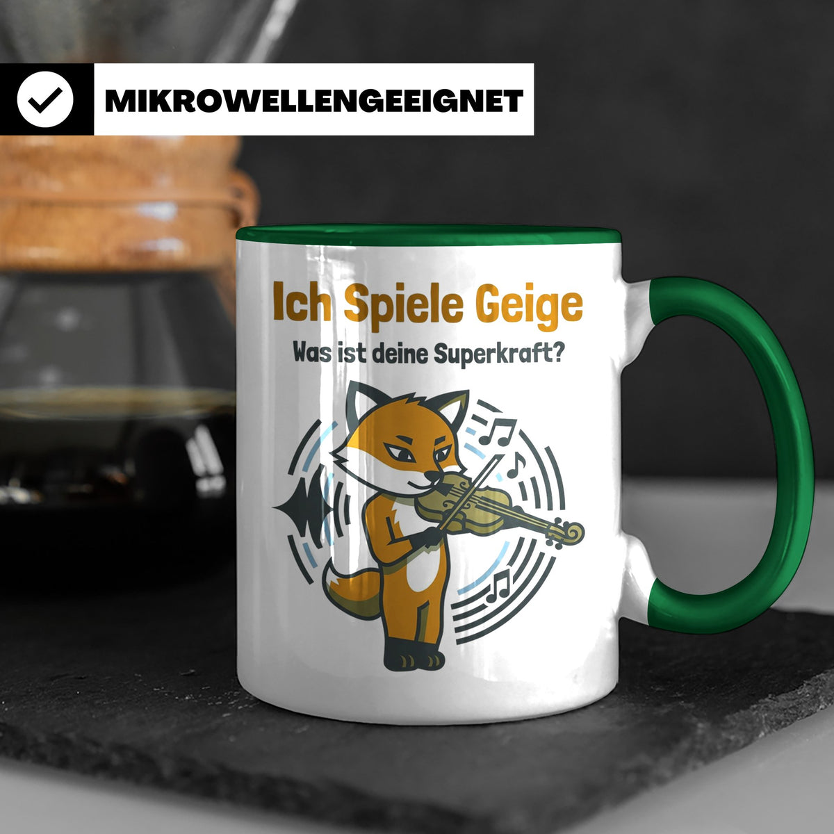 Geiger Tasse Ich spiele Geige Superkraft Fuchs Motiv, lustig – Grün [farbe:grün]