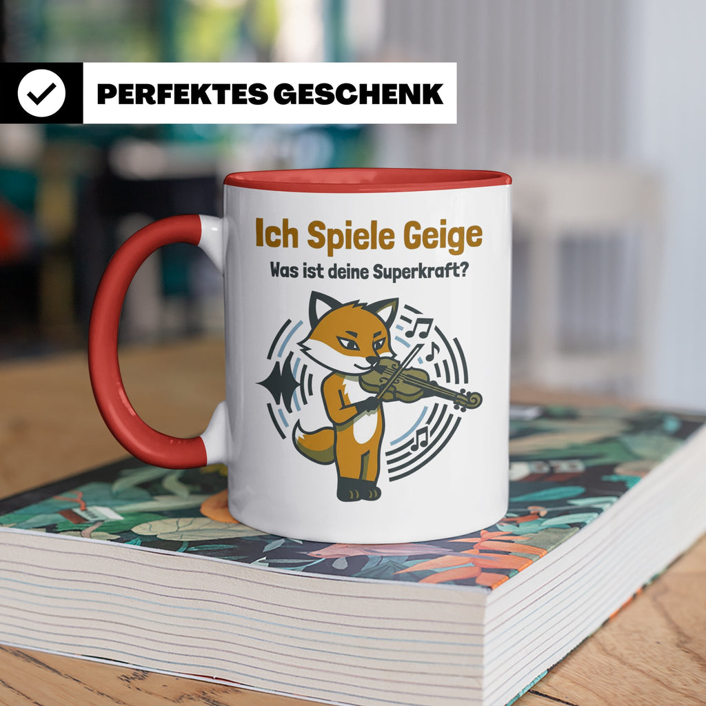 Geiger Tasse Ich spiele Geige Superkraft Fuchs Motiv, lustig – Rot [farbe:rot]