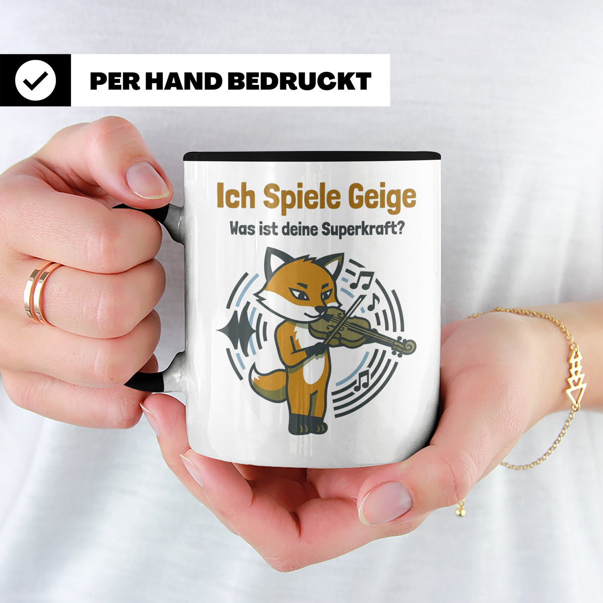 Geiger Tasse Ich spiele Geige Superkraft Fuchs Motiv, lustig – Schwarz [farbe:schwarz]