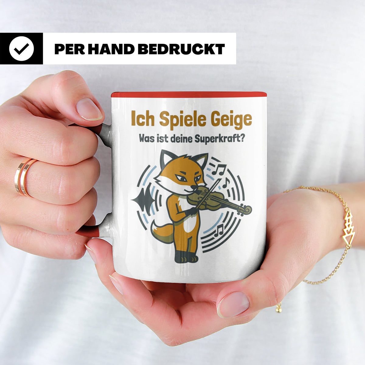 Geiger Tasse Ich spiele Geige Superkraft Fuchs Motiv, lustig – Rot [farbe:rot]