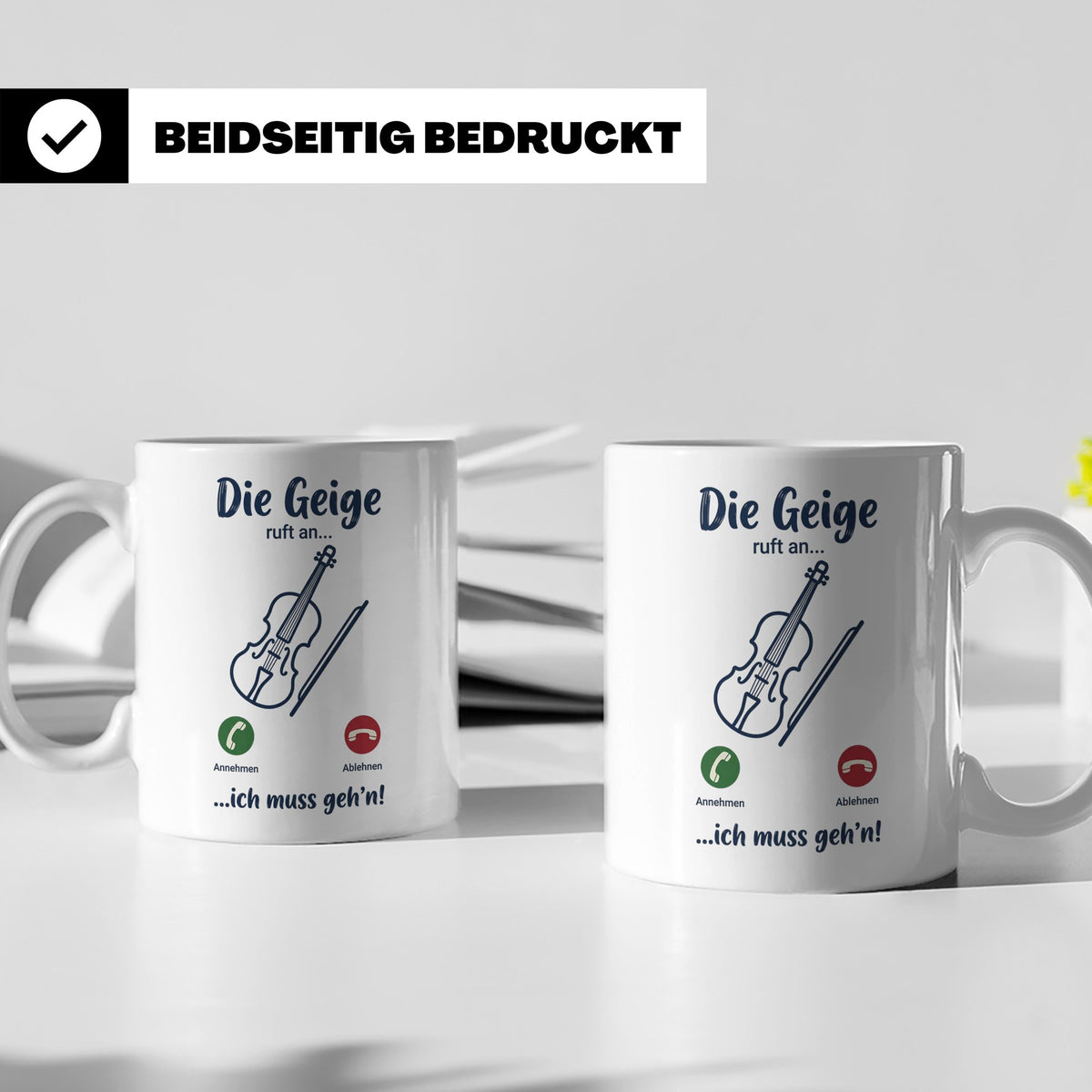 Geige Tasse mit Spruch Die Geige ruft an Geschenk für Geiger – Weiß [farbe:weiß]