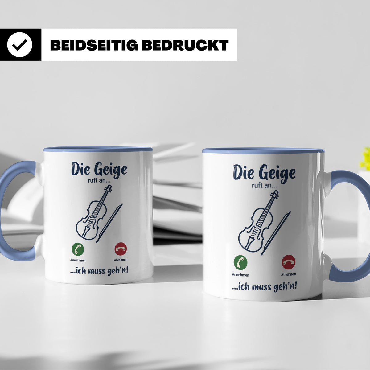 Geige Tasse mit Spruch Die Geige ruft an Geschenk für Geiger – Blau [farbe:blau]