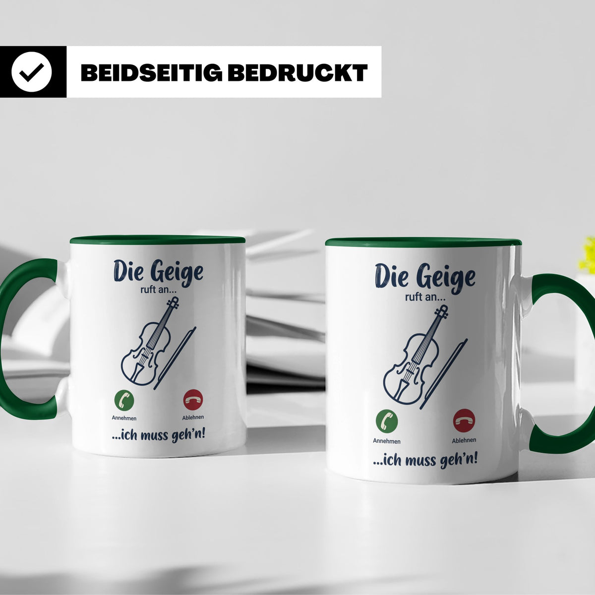 Geige Tasse mit Spruch Die Geige ruft an Geschenk für Geiger – Grün [farbe:grün]