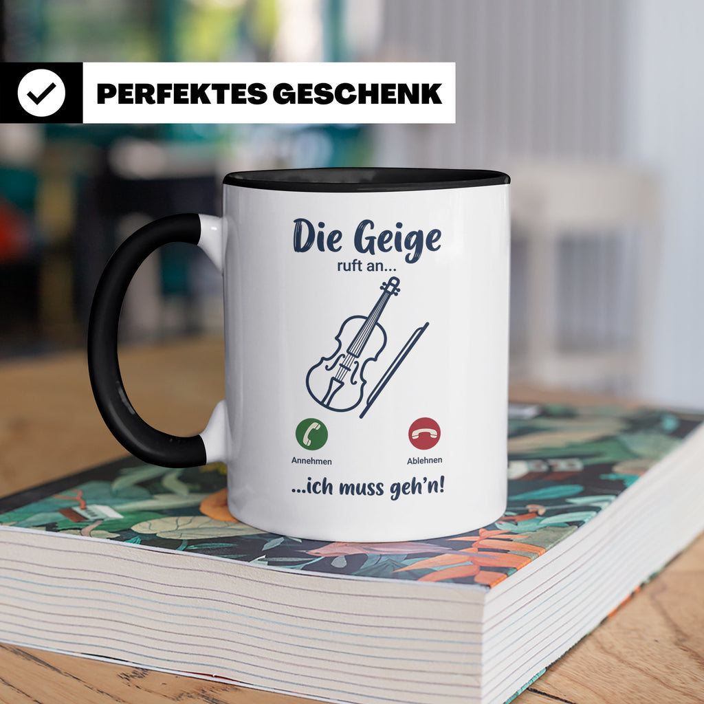 Geige Tasse mit Spruch Die Geige ruft an Geschenk für Geiger – Schwarz [farbe:schwarz]