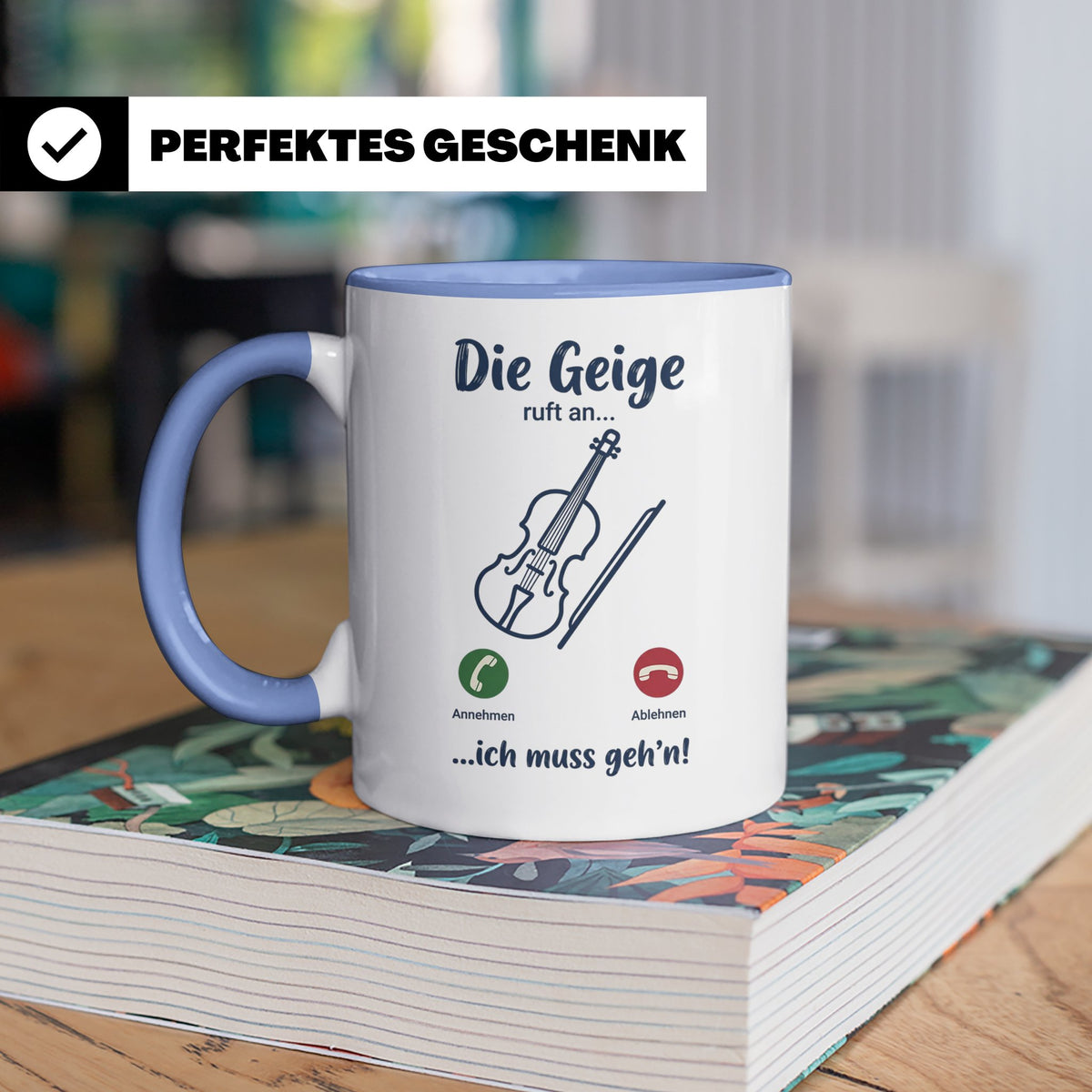 Geige Tasse mit Spruch Die Geige ruft an Geschenk für Geiger – Blau [farbe:blau]