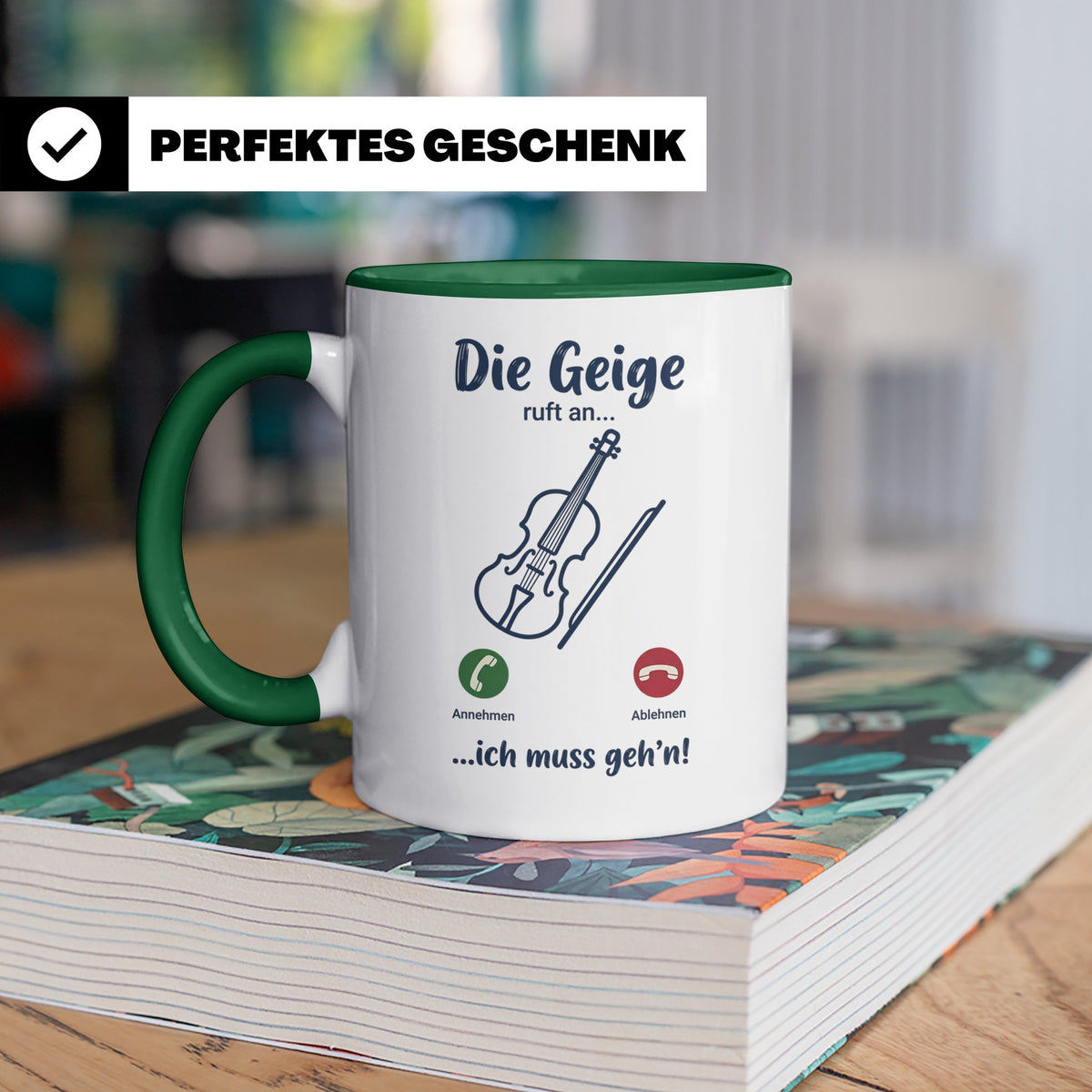 Geige Tasse mit Spruch Die Geige ruft an Geschenk für Geiger – Grün [farbe:grün]