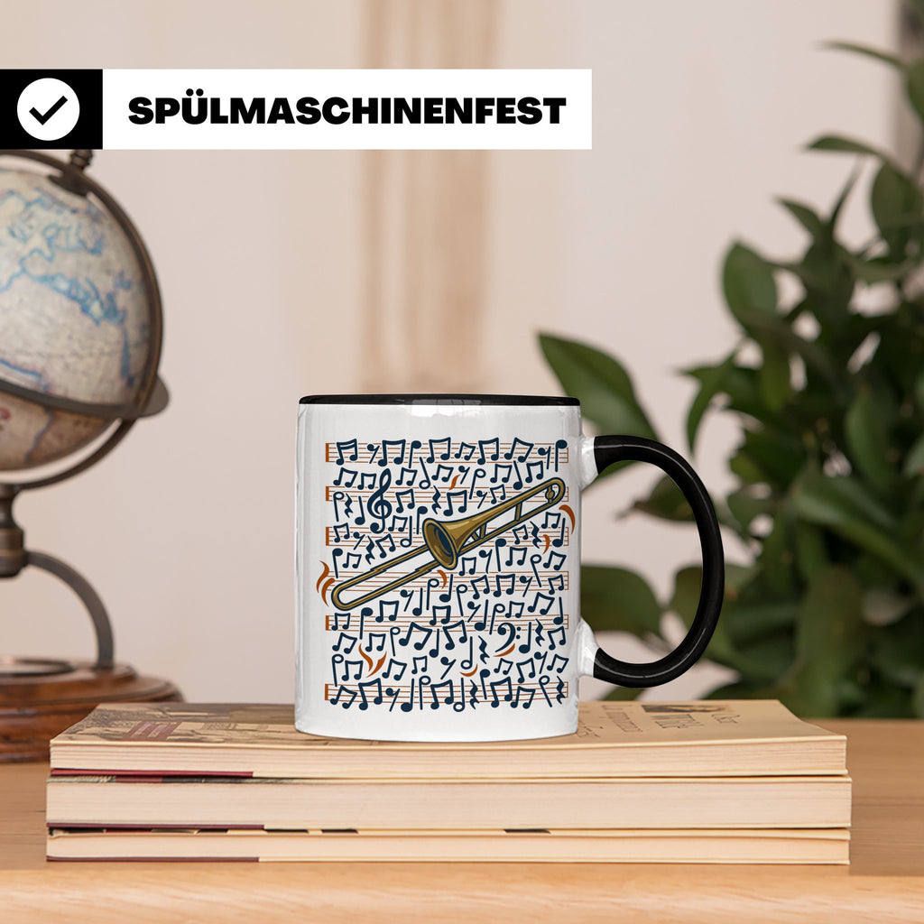 Posaune Tasse mit Noten Motiv, Geschenk für Posaunist & Musi – Schwarz [farbe:schwarz]