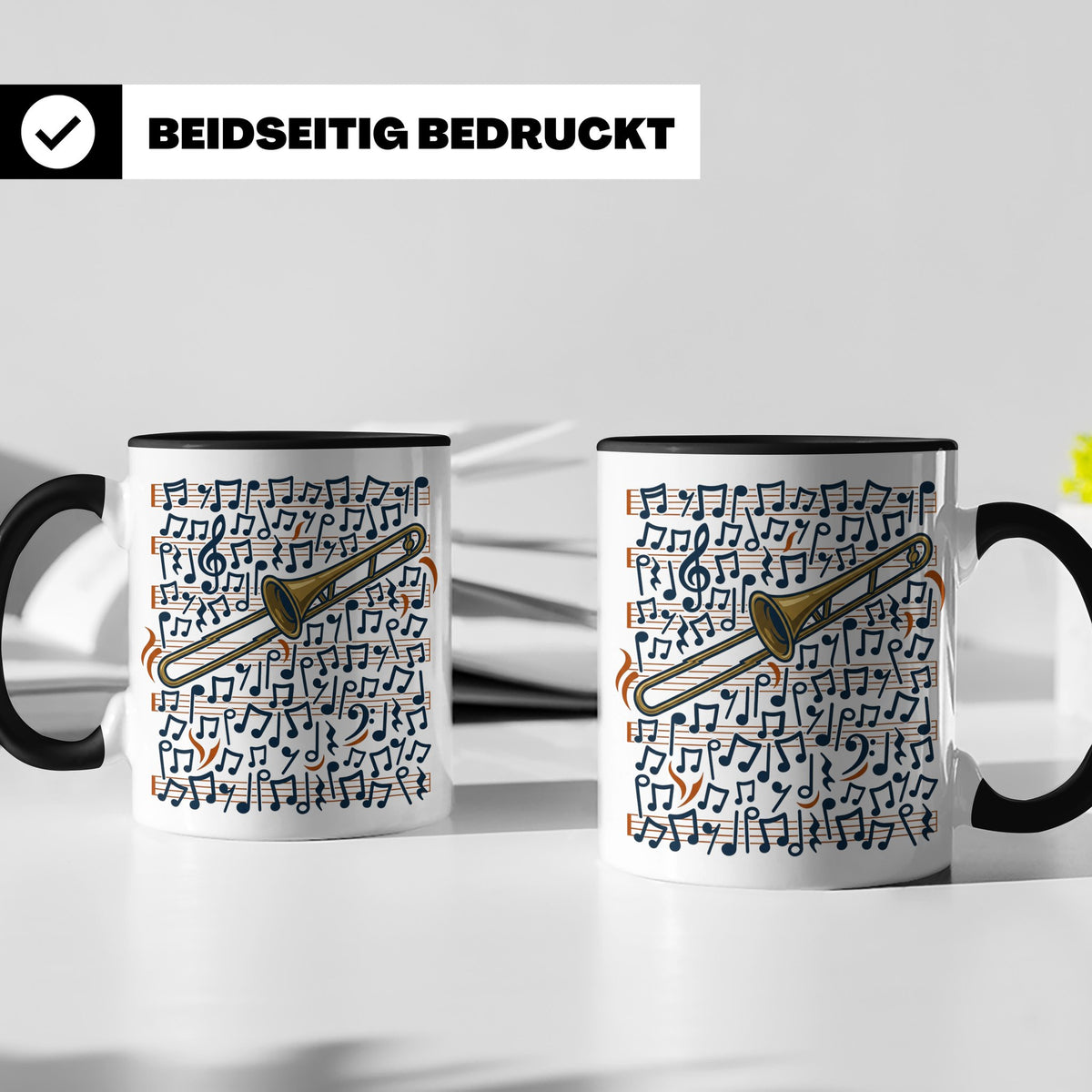 Posaune Tasse mit Noten Motiv, Geschenk für Posaunist & Musi – Schwarz [farbe:schwarz]