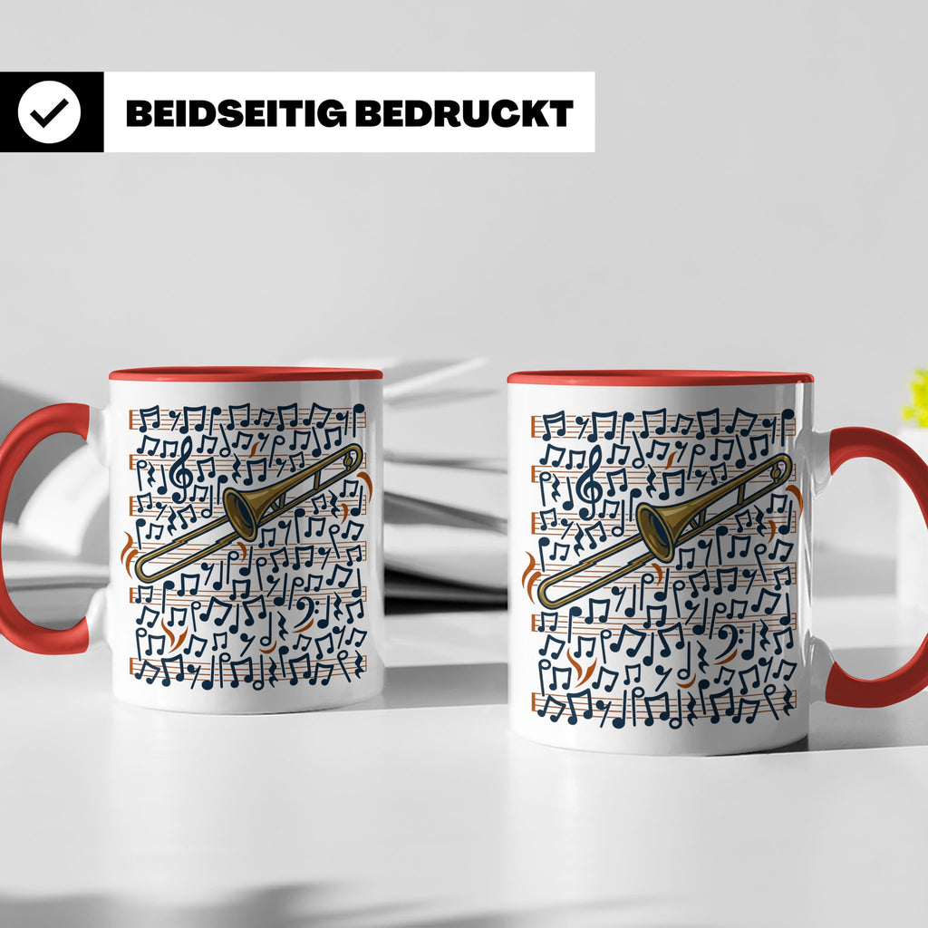 Posaune Tasse mit Noten Motiv, Geschenk für Posaunist & Musi – Rot [farbe:rot]