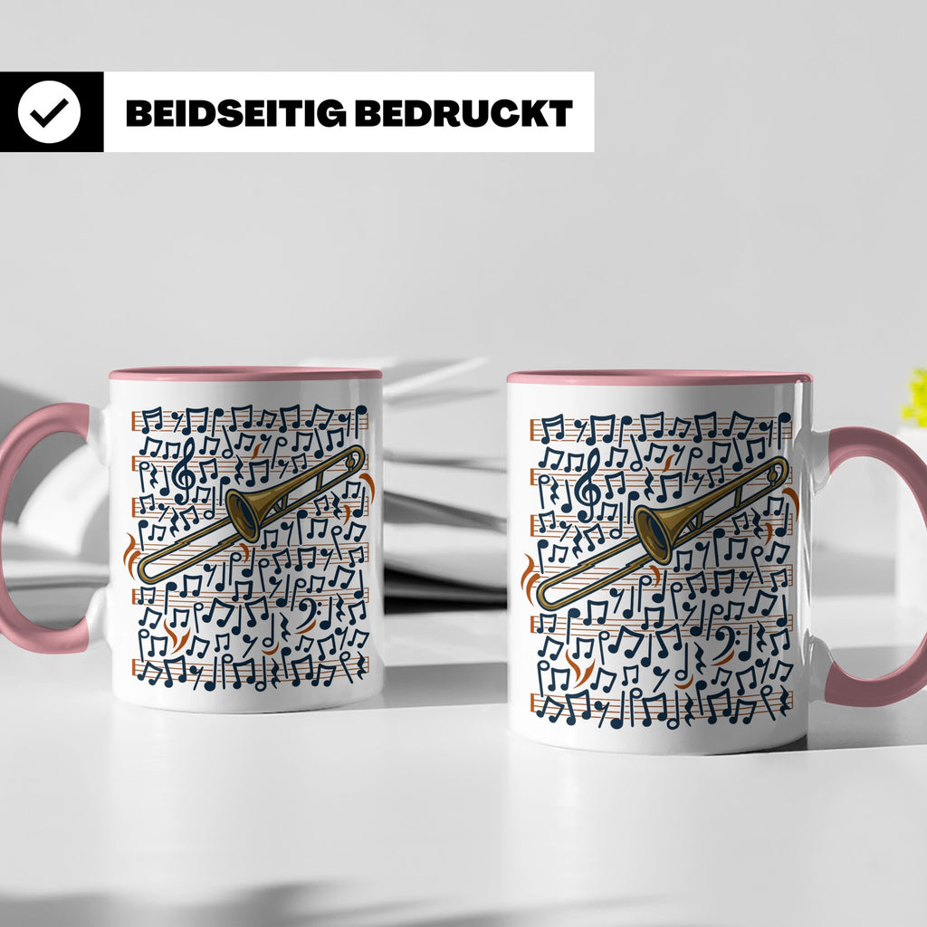Posaune Tasse mit Noten Motiv, Geschenk für Posaunist & Musi – Rosa [farbe:rosa]