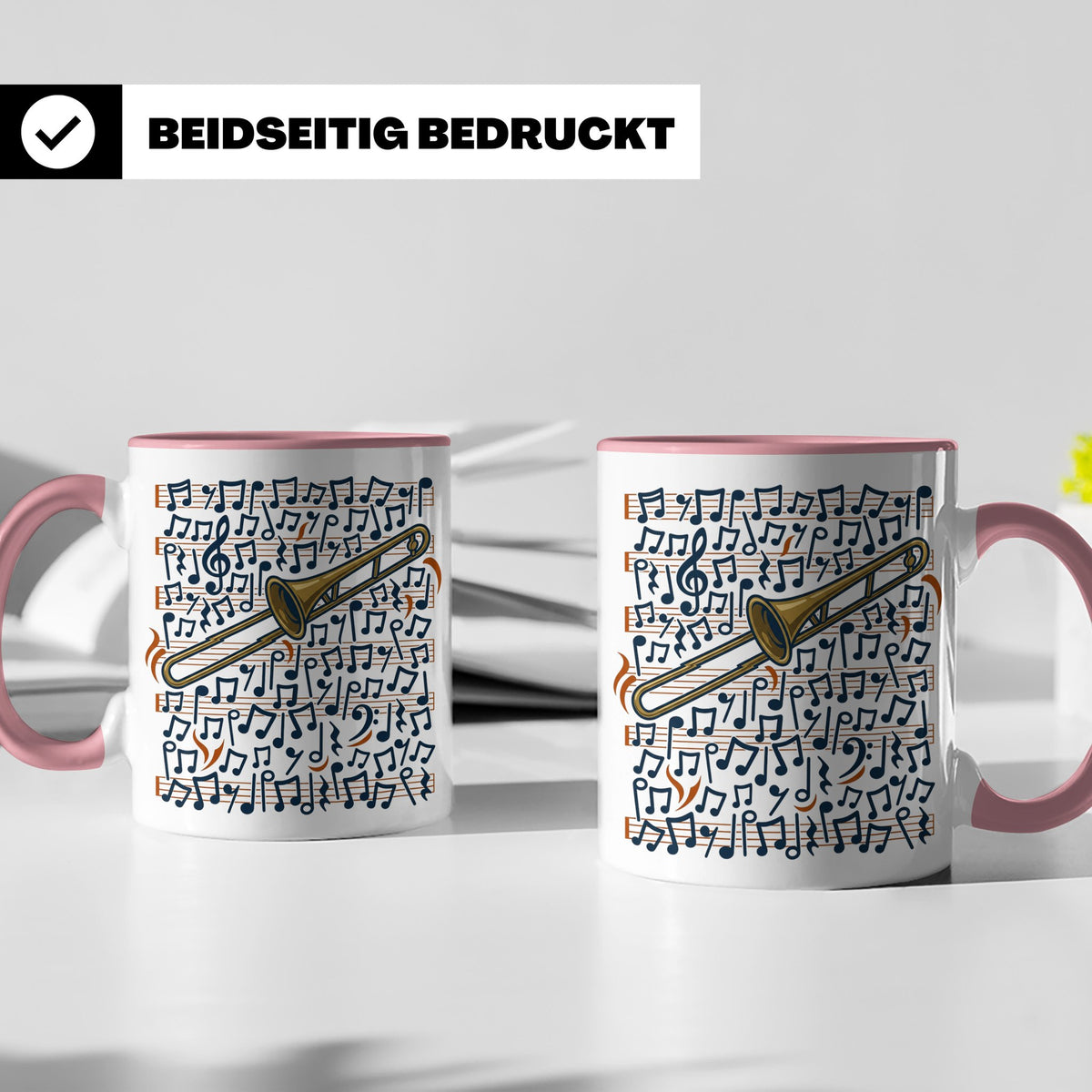 Posaune Tasse mit Noten Motiv, Geschenk für Posaunist & Musi – Rosa [farbe:rosa]