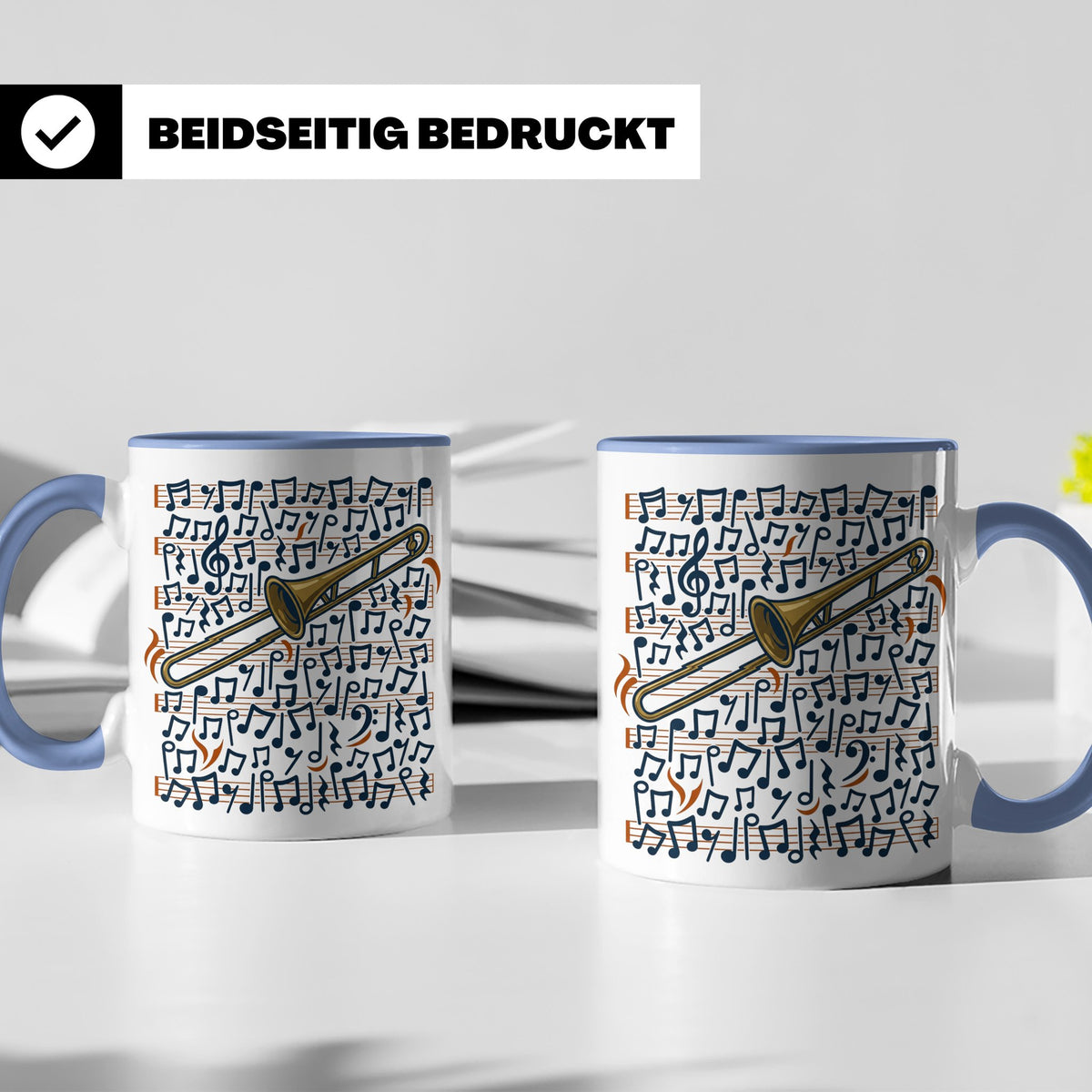 Posaune Tasse mit Noten Motiv, Geschenk für Posaunist & Musi – Blau [farbe:blau]