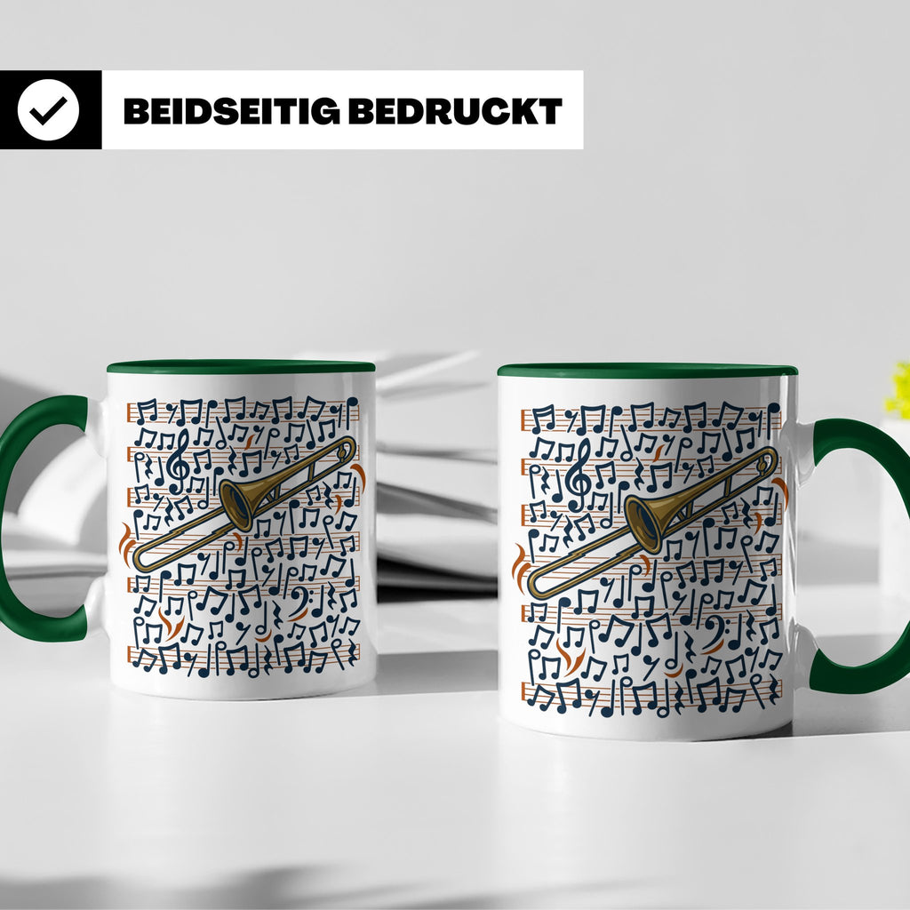 Posaune Tasse mit Noten Motiv, Geschenk für Posaunist & Musi – Grün [farbe:grün]