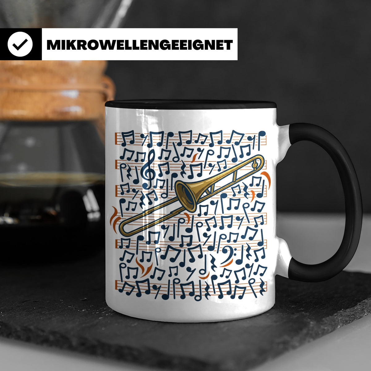 Posaune Tasse mit Noten Motiv, Geschenk für Posaunist & Musi – Schwarz [farbe:schwarz]