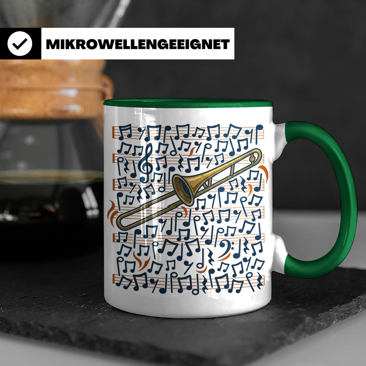 Posaune Tasse mit Noten Motiv, Geschenk für Posaunist & Musi – Grün [farbe:grün]