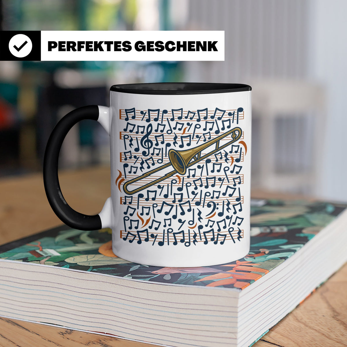 Posaune Tasse mit Noten Motiv, Geschenk für Posaunist & Musi – Schwarz [farbe:schwarz]