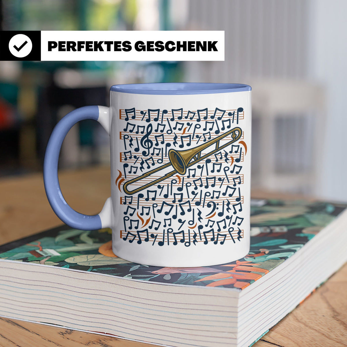Posaune Tasse mit Noten Motiv, Geschenk für Posaunist & Musi – Blau [farbe:blau]
