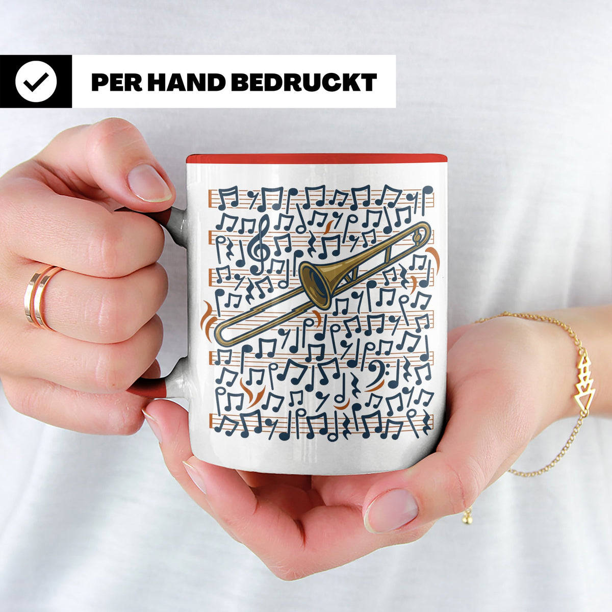 Posaune Tasse mit Noten Motiv, Geschenk für Posaunist & Musi – Rot [farbe:rot]