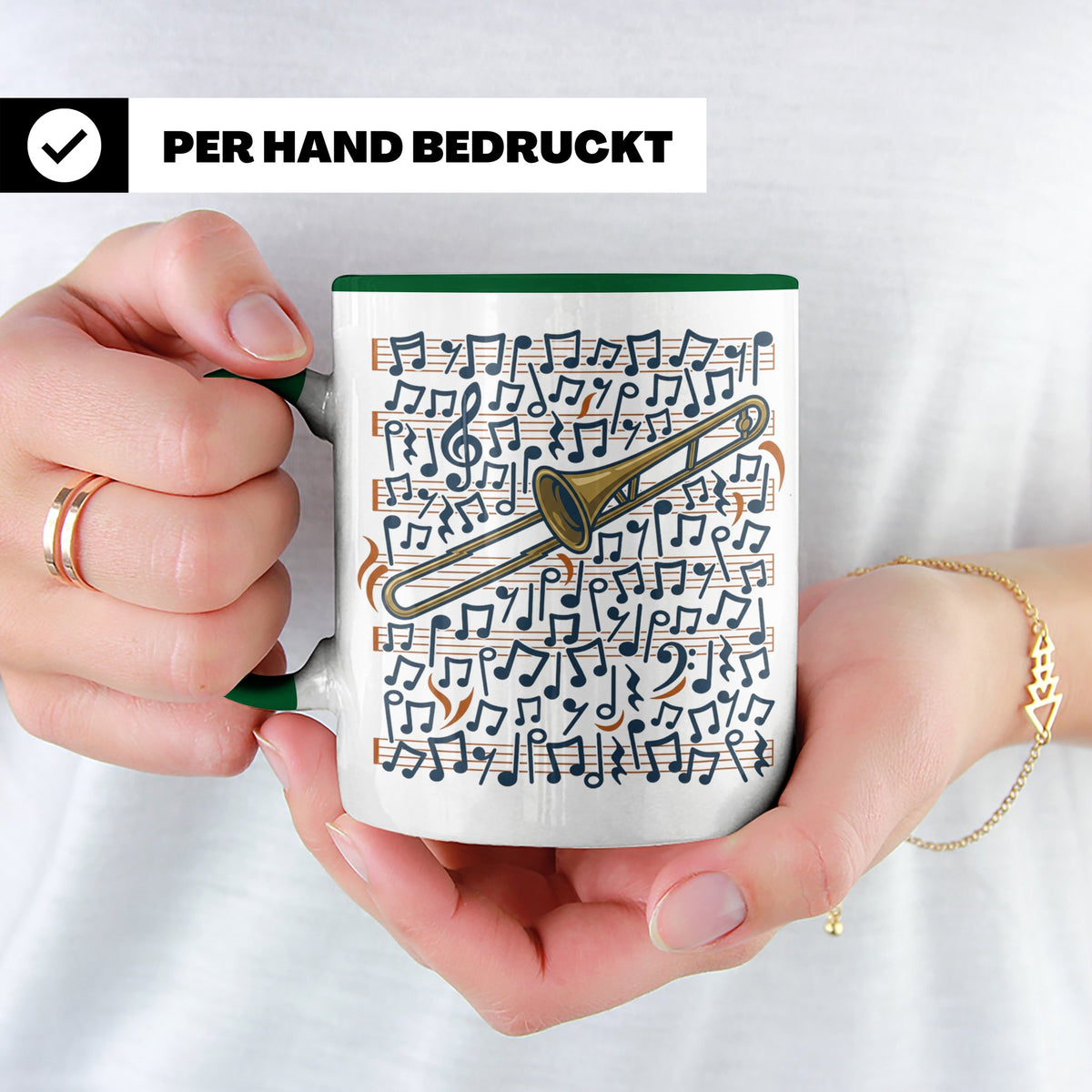 Posaune Tasse mit Noten Motiv, Geschenk für Posaunist & Musi – Grün [farbe:grün]