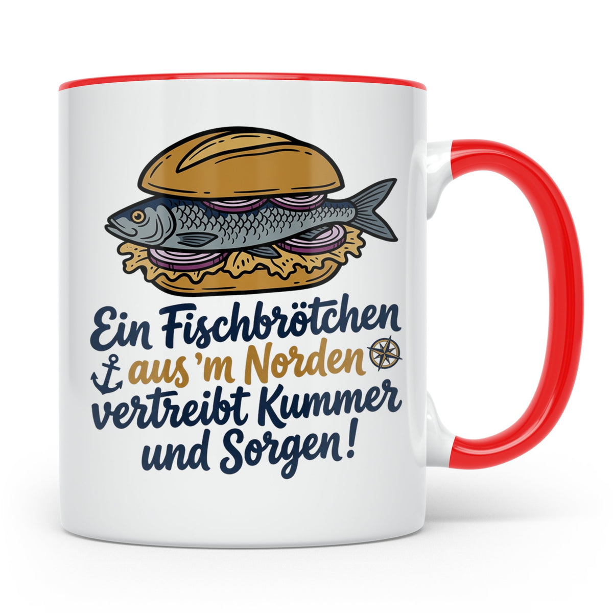 Fischbrötchen Tasse mit Spruch aus dem Norden | Maritimes Kü – Rot [farbe:rot]