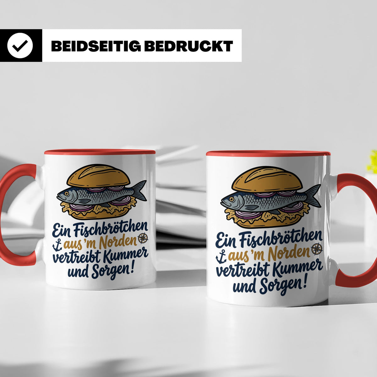Fischbrötchen Tasse mit Spruch aus dem Norden | Maritimes Kü – Rot [farbe:rot]