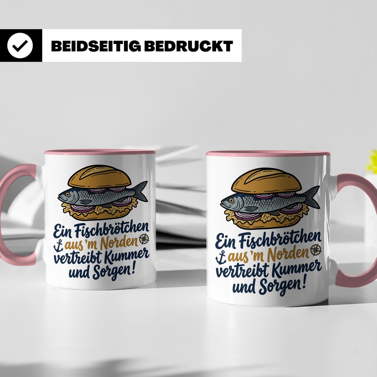 Fischbrötchen Tasse mit Spruch aus dem Norden | Maritimes Kü – Rosa [farbe:rosa]