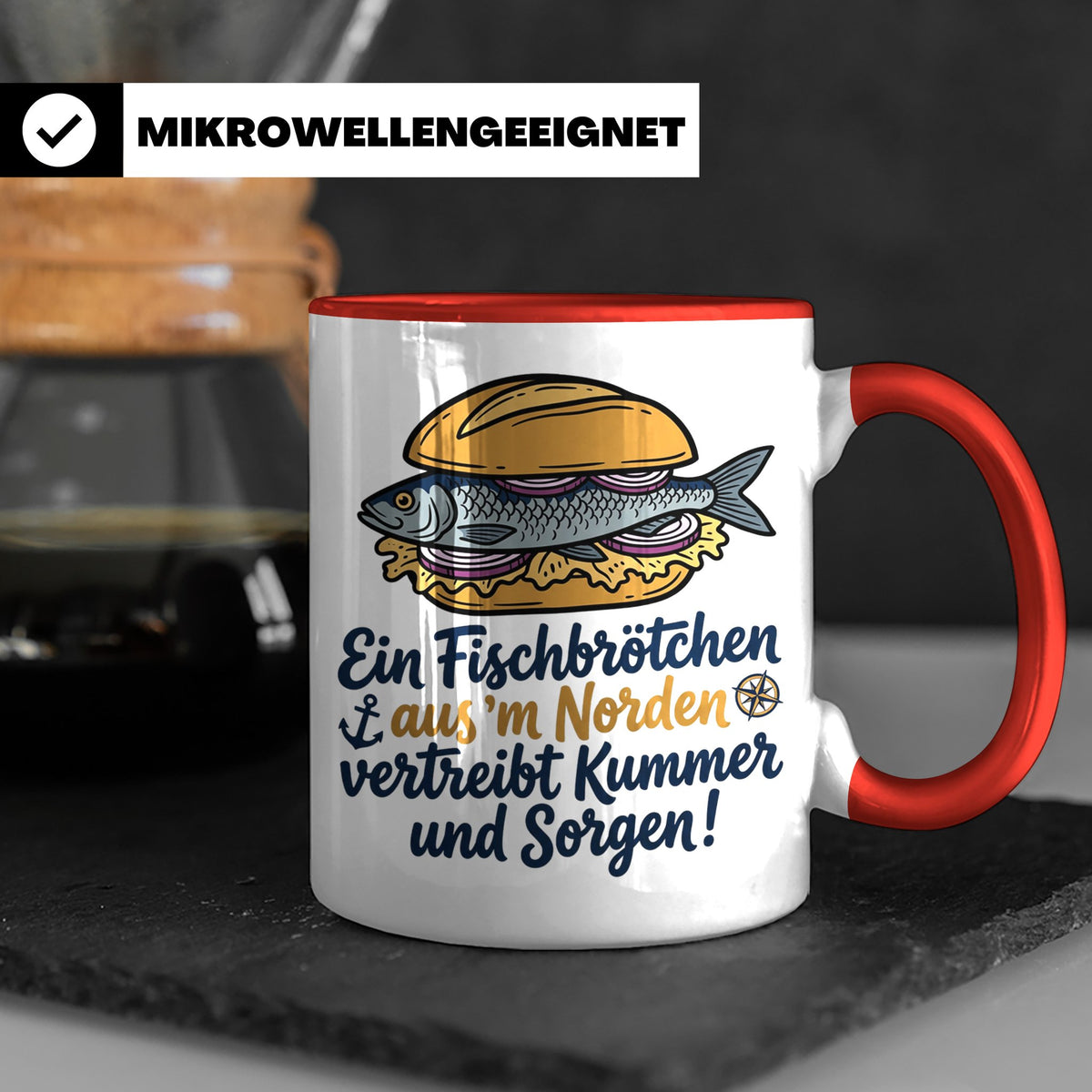 Fischbrötchen Tasse mit Spruch aus dem Norden | Maritimes Kü – Rot [farbe:rot]