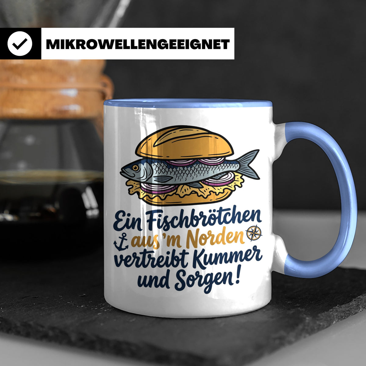 Fischbrötchen Tasse mit Spruch aus dem Norden | Maritimes Kü – Blau [farbe:blau]