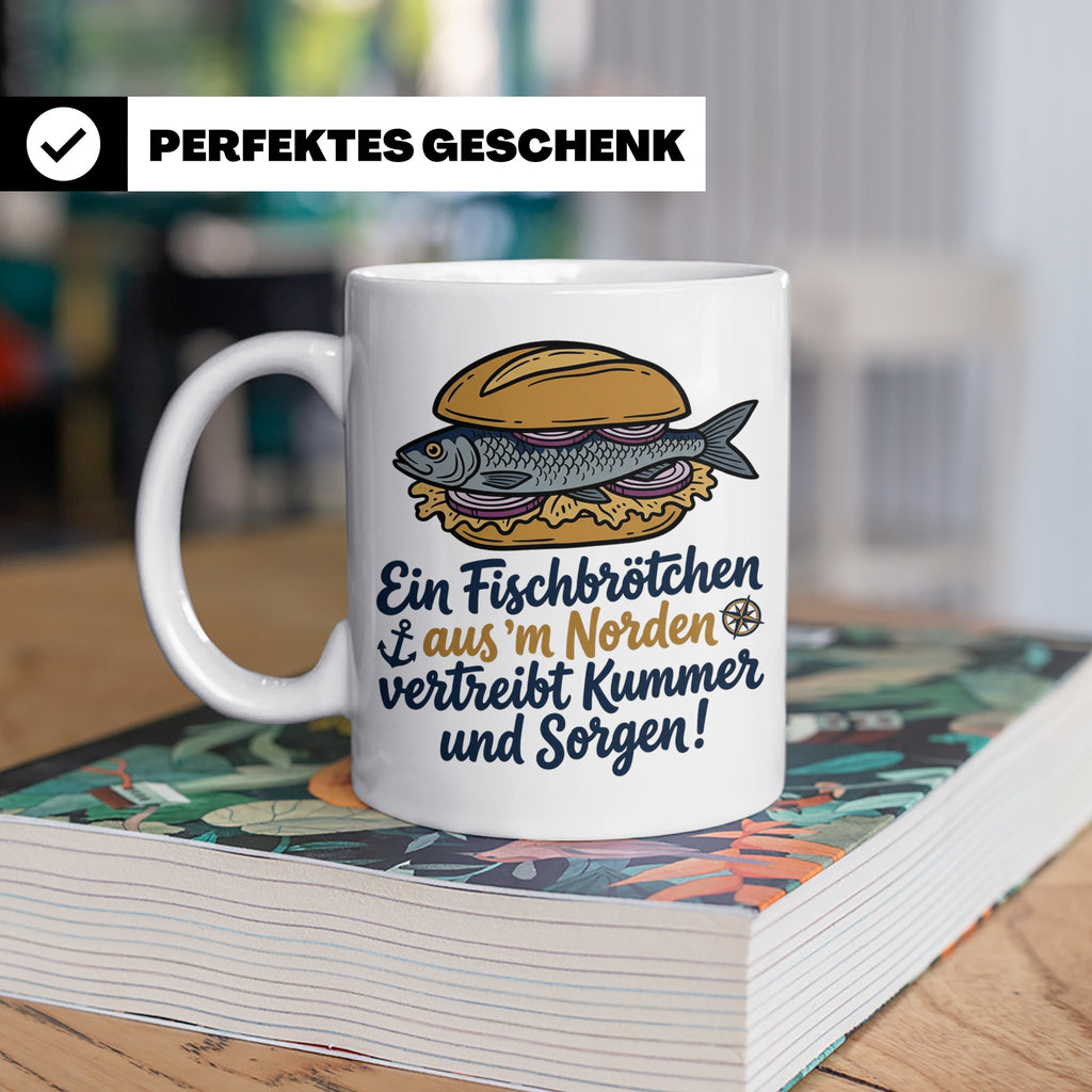 Fischbrötchen Tasse mit Spruch aus dem Norden | Maritimes Kü – Weiß [farbe:weiß]