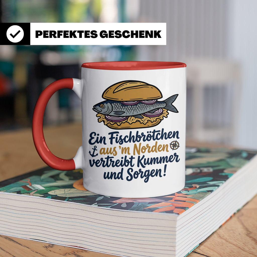 Fischbrötchen Tasse mit Spruch aus dem Norden | Maritimes Kü – Rot [farbe:rot]