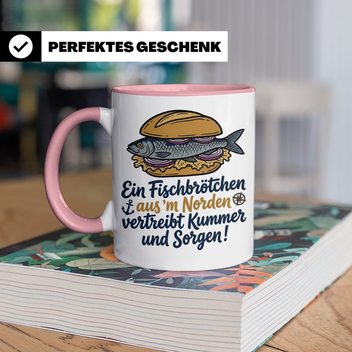Fischbrötchen Tasse mit Spruch aus dem Norden | Maritimes Kü – Rosa [farbe:rosa]