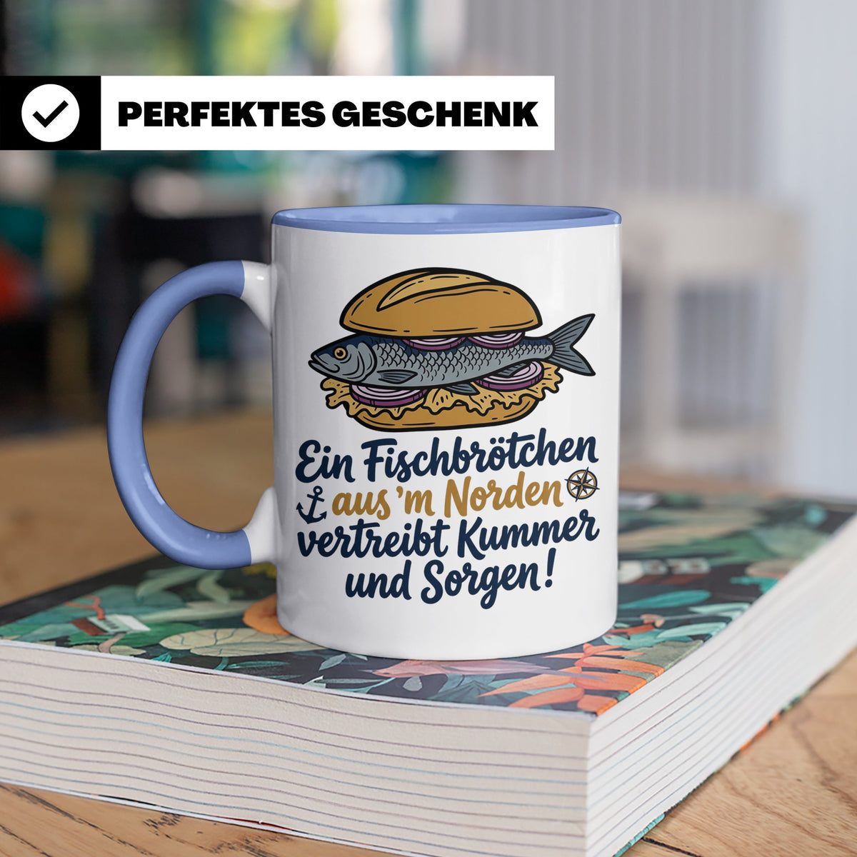 Fischbrötchen Tasse mit Spruch aus dem Norden | Maritimes Kü – Blau [farbe:blau]