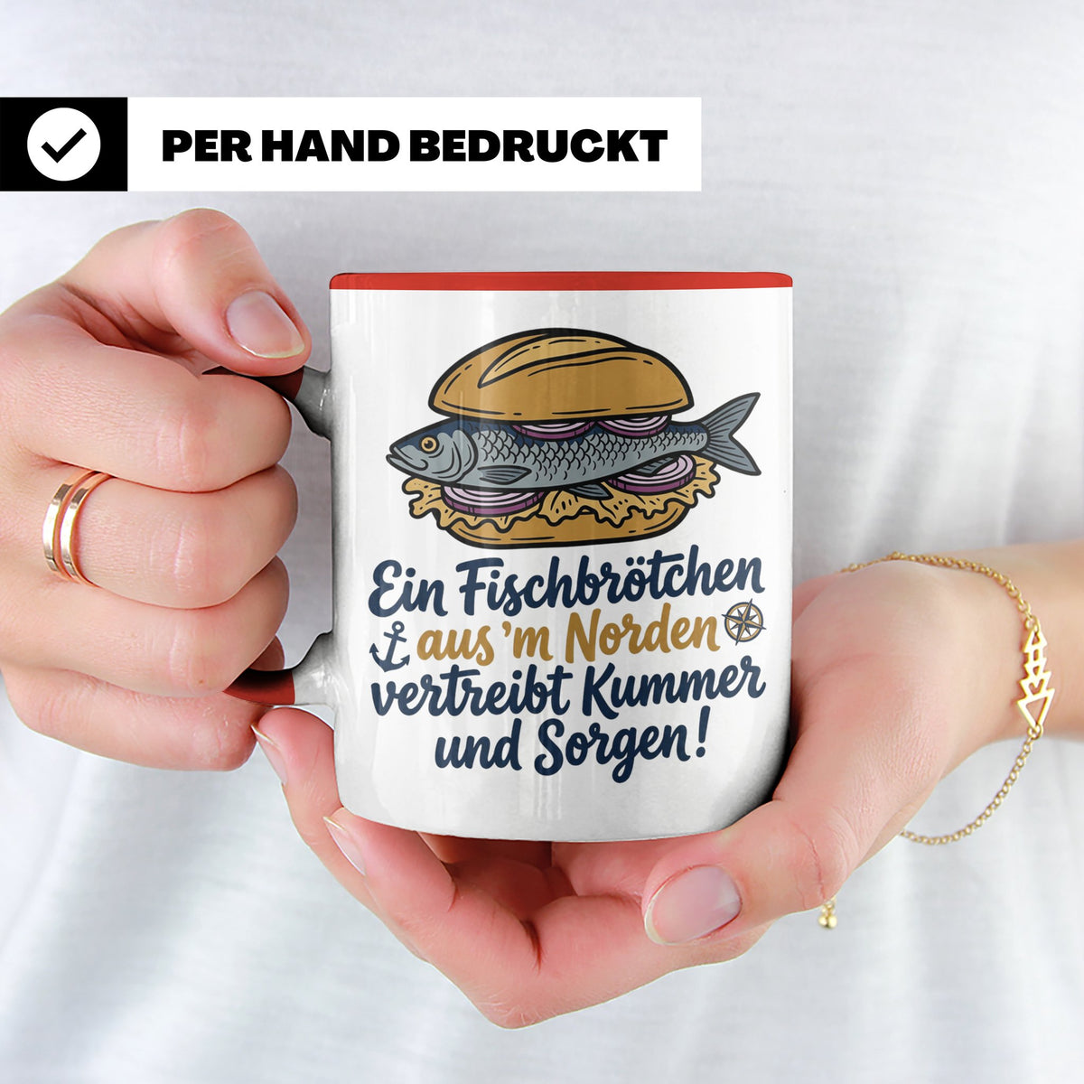 Fischbrötchen Tasse mit Spruch aus dem Norden | Maritimes Kü – Rot [farbe:rot]