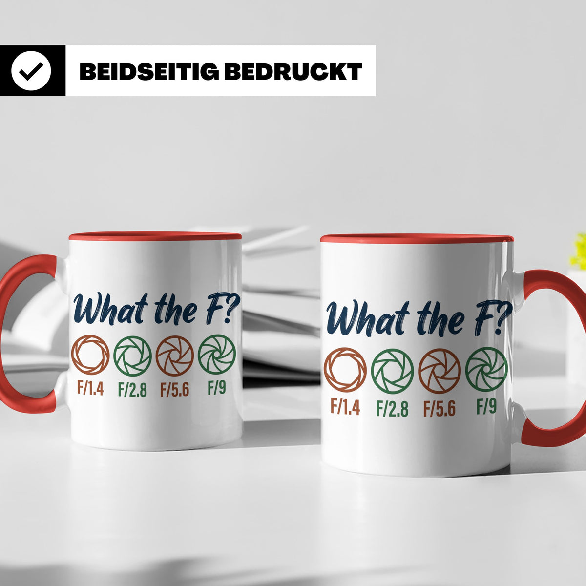 Fotografen Tasse What the F, lustiger Blende F-Stop Spruch,  – Rot [farbe:rot]