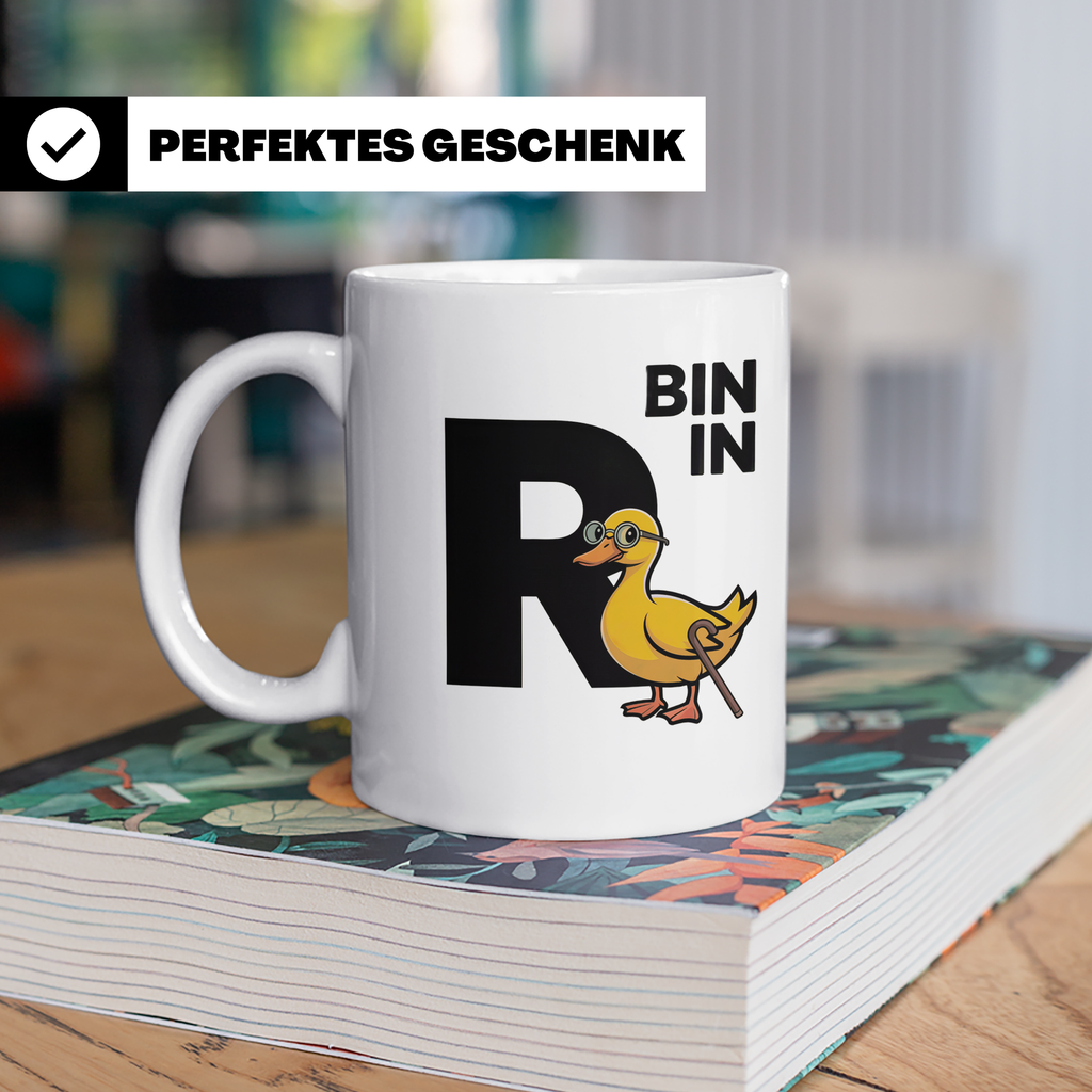 Bin in Rente Ente Kaffeetasse - Rentner Design Geschenkidee  – Weiß [farbe:weiß]