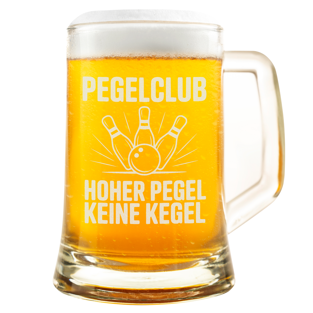 Pegelclub Bierkrug – Lustiger Kegel Spruch „Hoher Pegel, keine Kegel“ – Geschenk für Kegler, Kegelverein & Trinkfreunde – Witziges Bierglas für Männer & Frauen